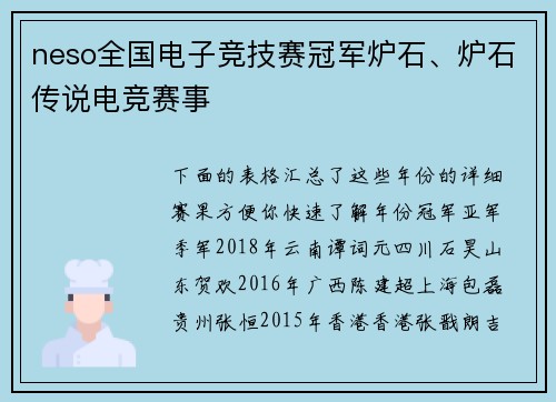 neso全国电子竞技赛冠军炉石、炉石传说电竞赛事