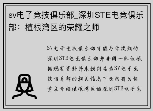 sv电子竞技俱乐部_深圳STE电竞俱乐部：植根湾区的荣耀之师